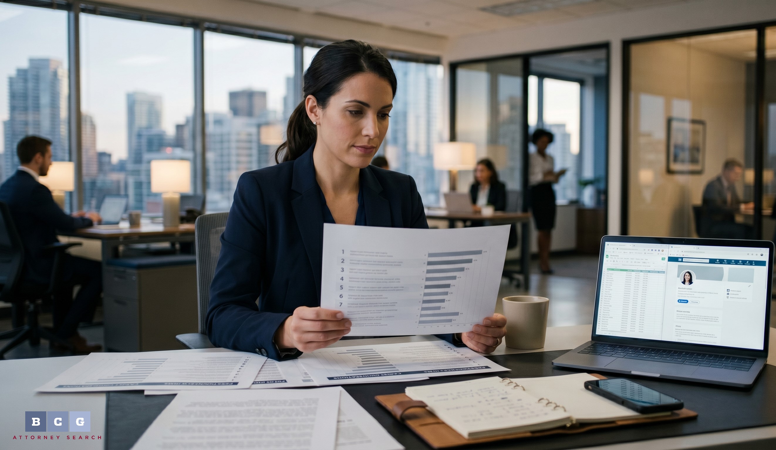 Professional attorney working at a desk in a modern law office