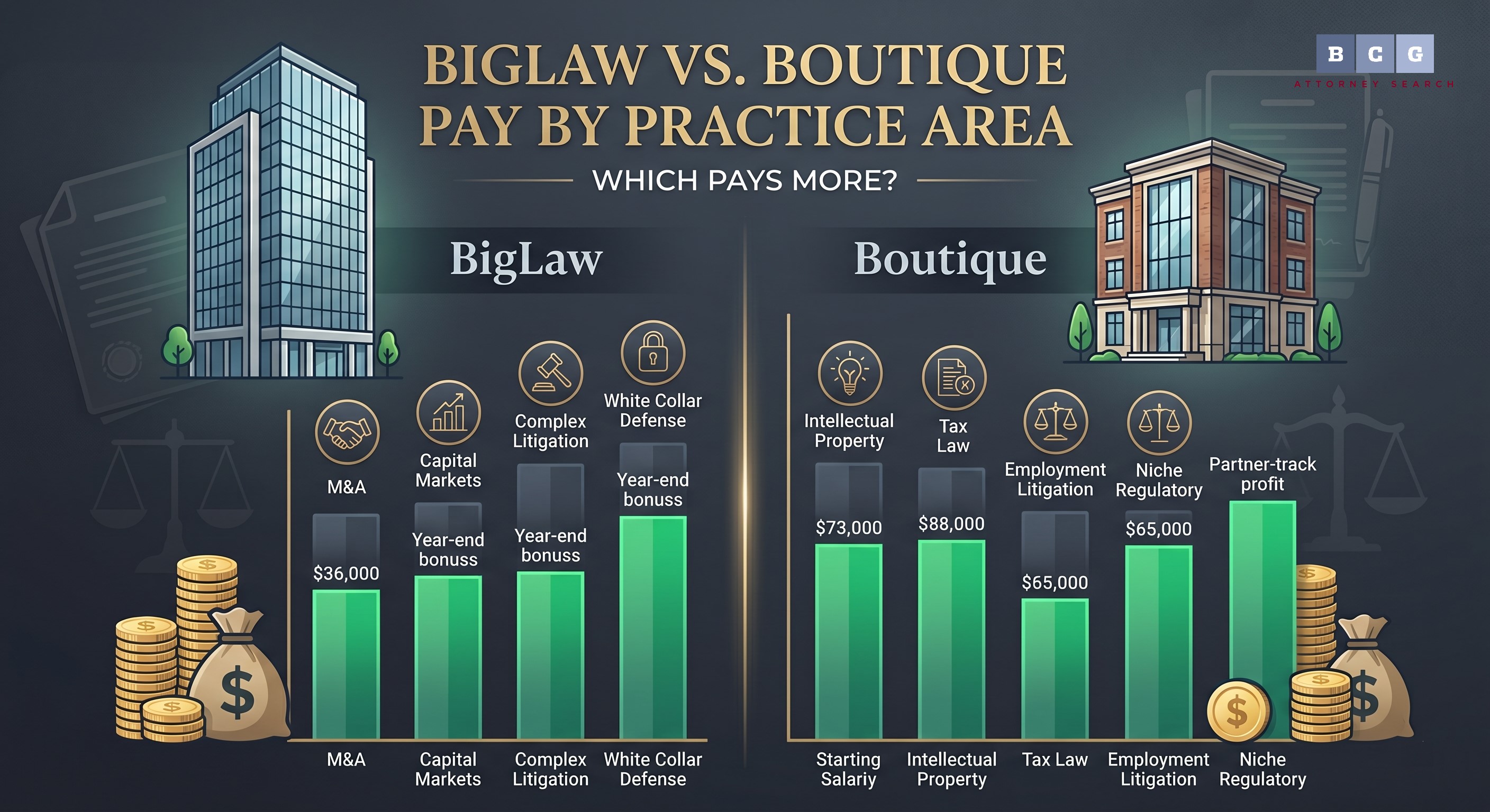 BigLaw vs. Boutique Pay by Practice Area